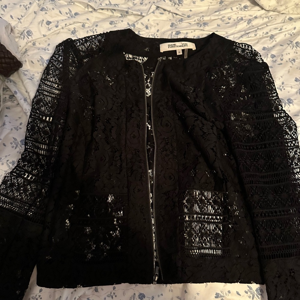 DVF structured mixed lace sheer jacket